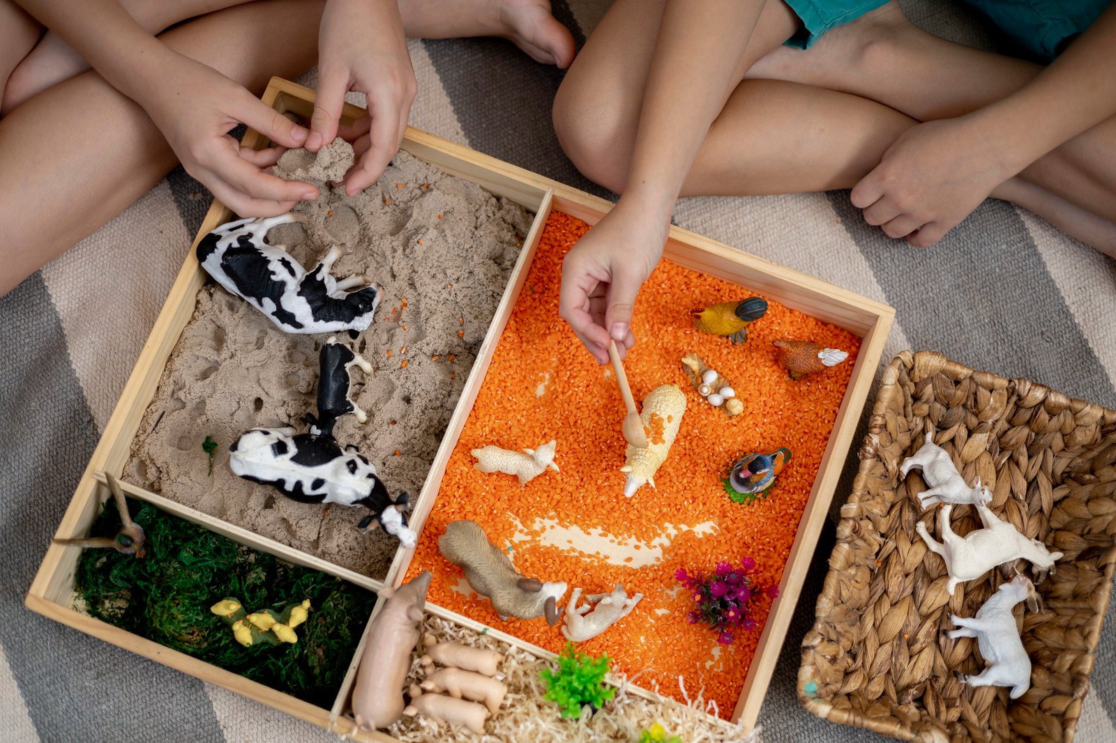 Touch drawer with rainbow rice inside. Children hand touch the texture and scatter sand. Montessori material concept for toddlers. Fantasy game with animal figurines.